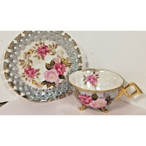 LM Royal Halsey Very Fine Reticulated Lusterware Footed Cup & Saucer Roses
